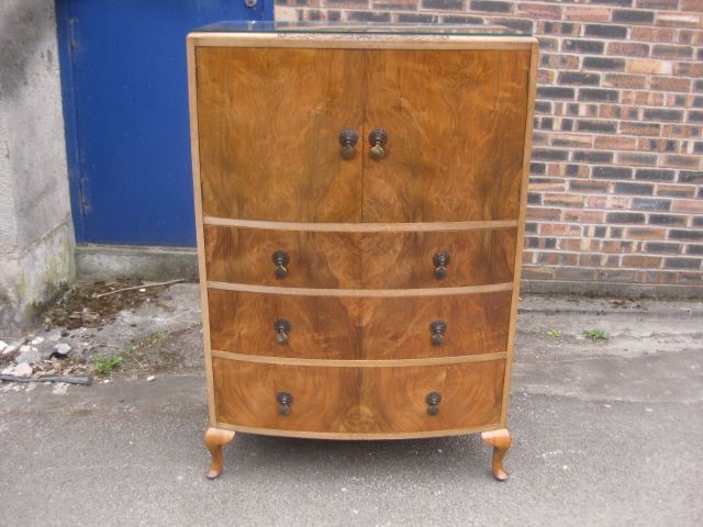 Highly Ornate Art Deco Figured Walnut Bow Front Tallboy Chest Circa 1930